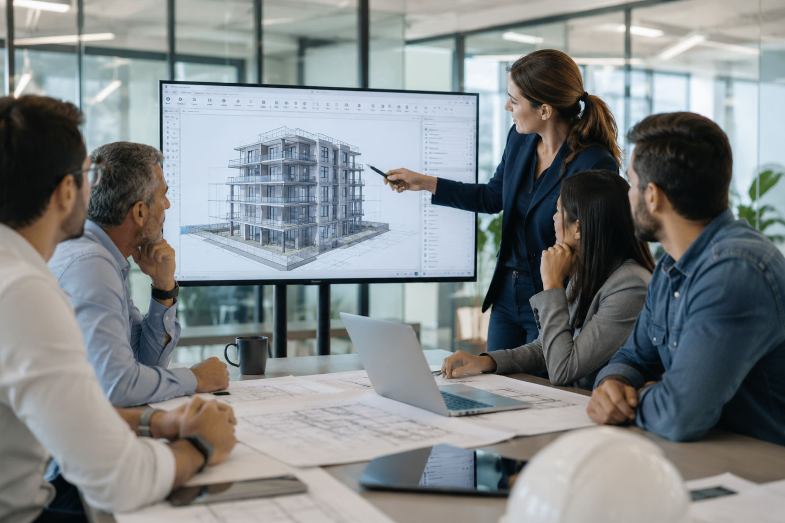 Equipa a trabalhar com metodologia BIM na construção civil em reunião de coordenação
